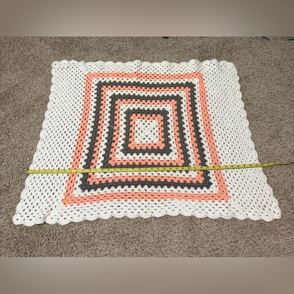 home made Other - Handmade Crochet Square Throw Blanket in White, Coral & Gray